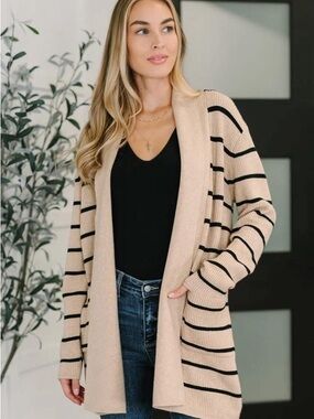 Striped Open-Front Women’s Cardigan Sweater - Beige/Black